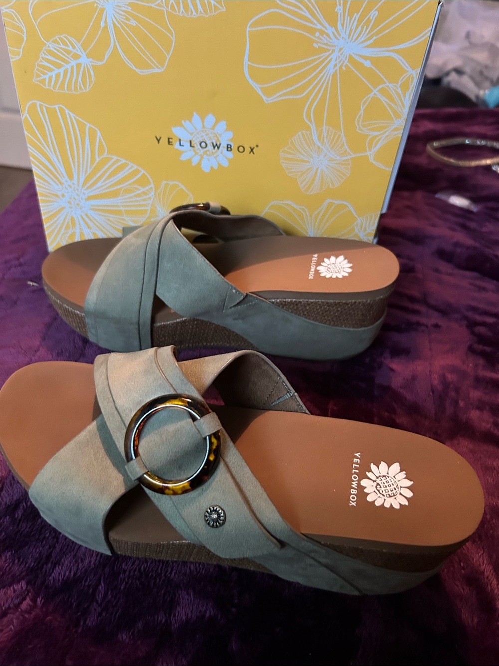 Yellow Box Women's Gray Suede Slide Sandals with Tortoiseshell Buckle